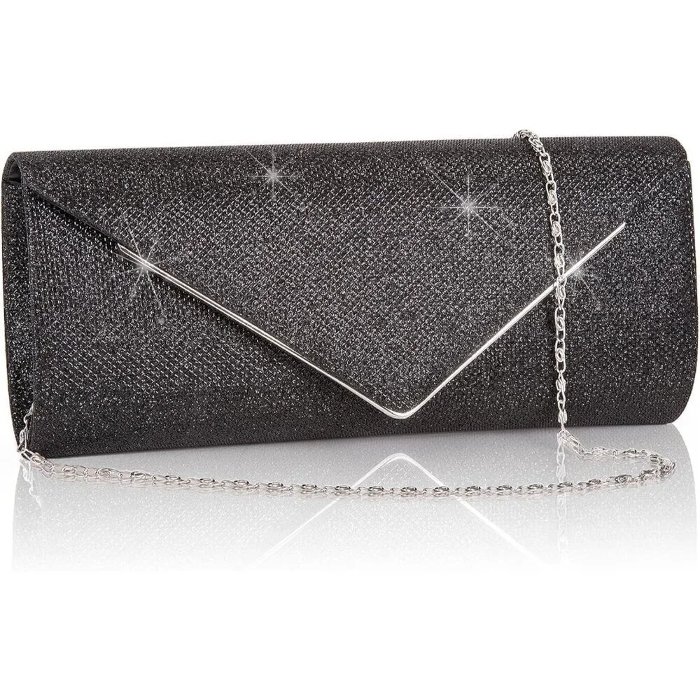 Women's Black Sparkling Envelope Evening Bag With Detachable Chain Clutch Purses
